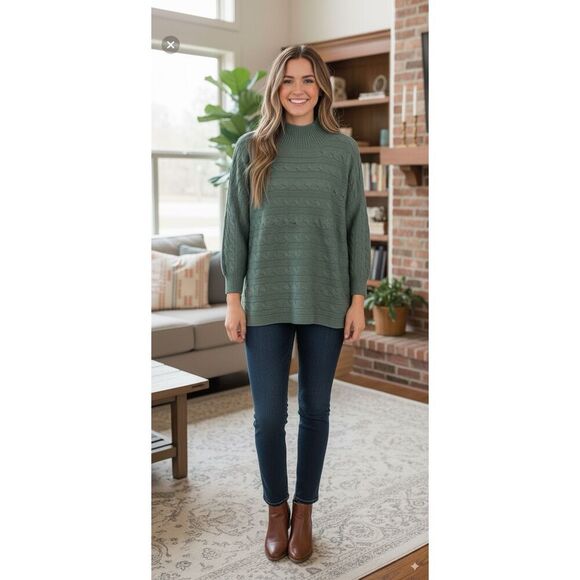 NWT J.JILL Sweater Women's XL Petite Storm Cloud Green Cable Knit Mock Neck $99 - Picture 1 of 16